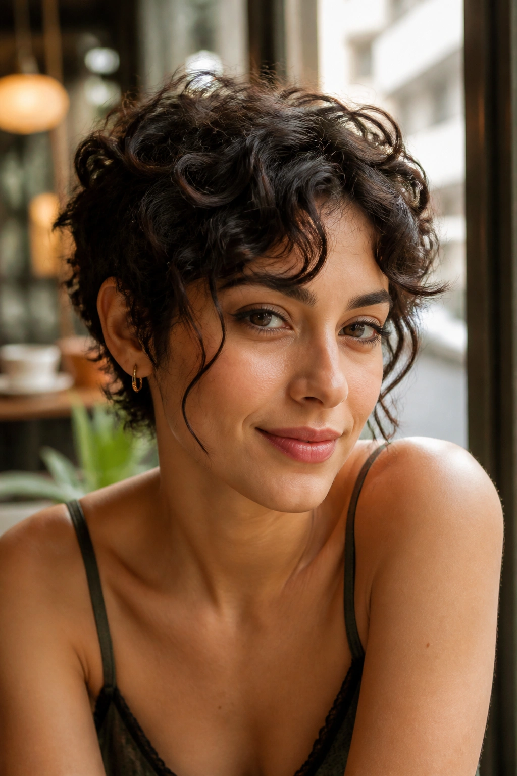 Portrait of a woman with tousled curly pixie and face-framing pieces at a sunlit cafe