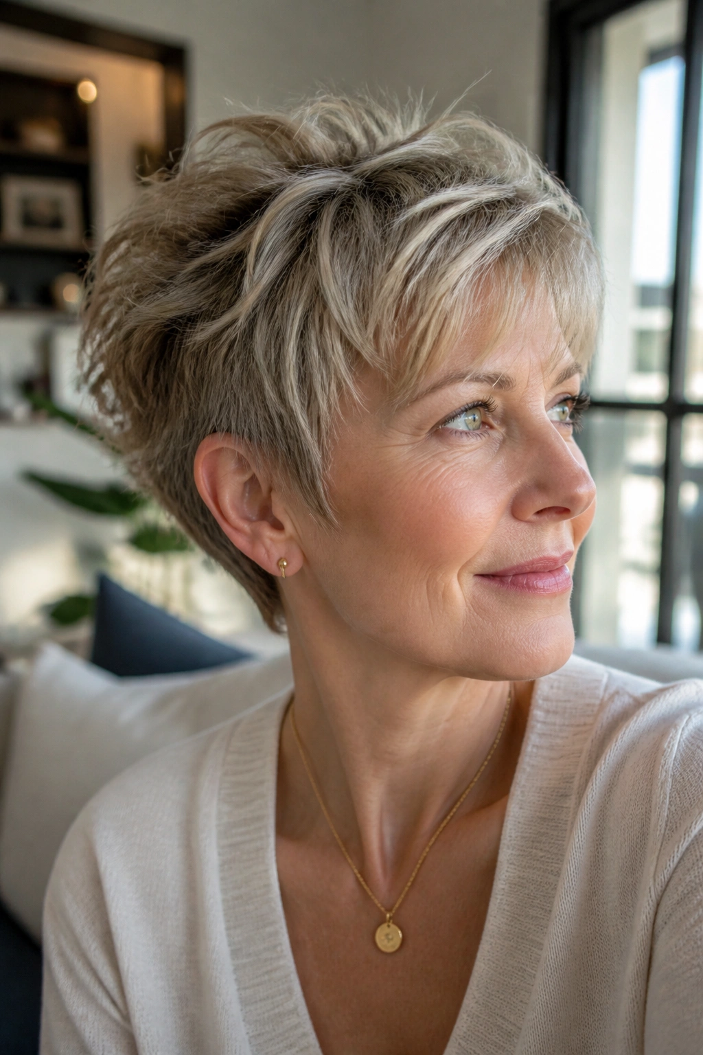 Close-up of a real person wearing a tousled layered pixie for fine hair