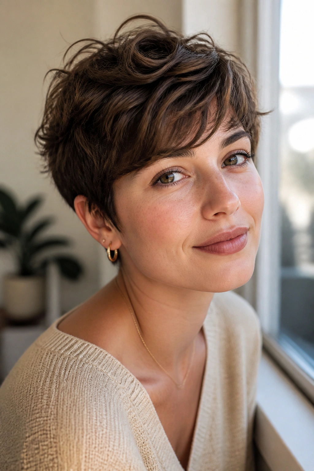 Close-up of a woman with a tousled French pixie in soft morning light.