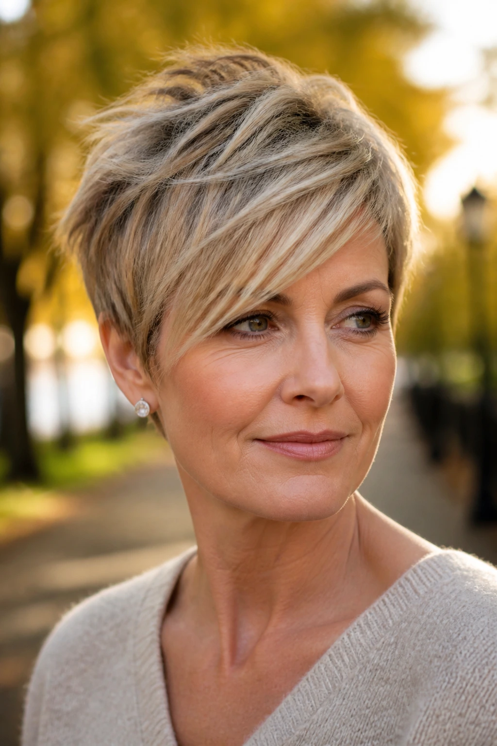 Close-up of a real woman with a tousled pixie and side-swept fringe outdoors in golden hour light.