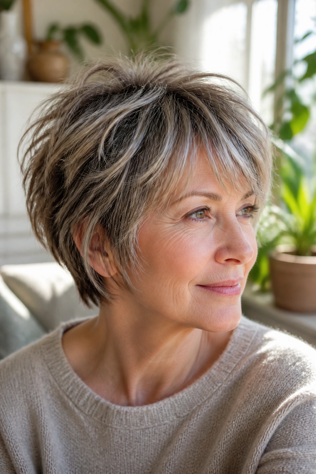 Older woman with tousled pixie bob and piecey layers in natural light