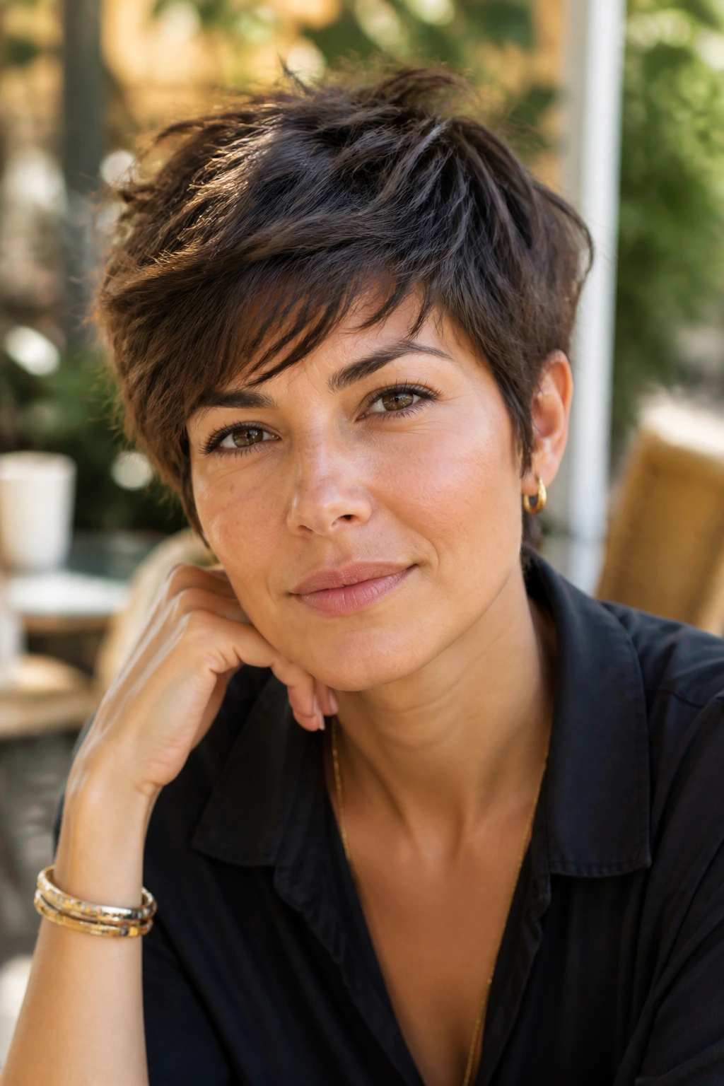 Close-up portrait of a real woman with tousled long pixie for low-maintenance styling