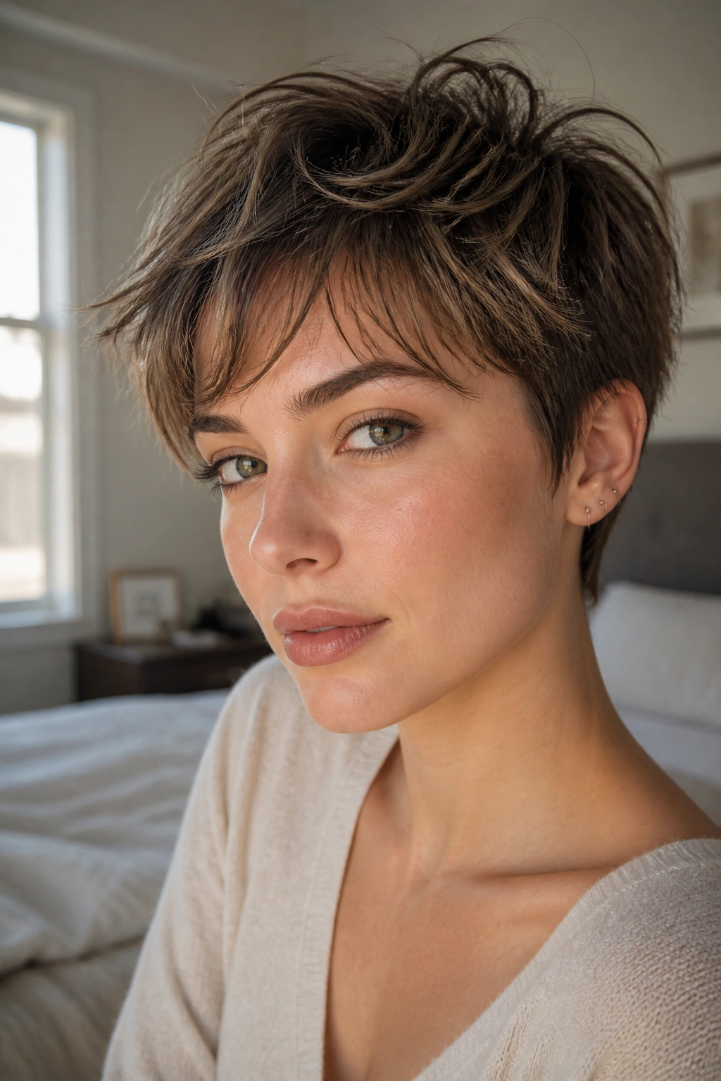 Close-up of a real person with tousled pixie and piecey ends in natural light