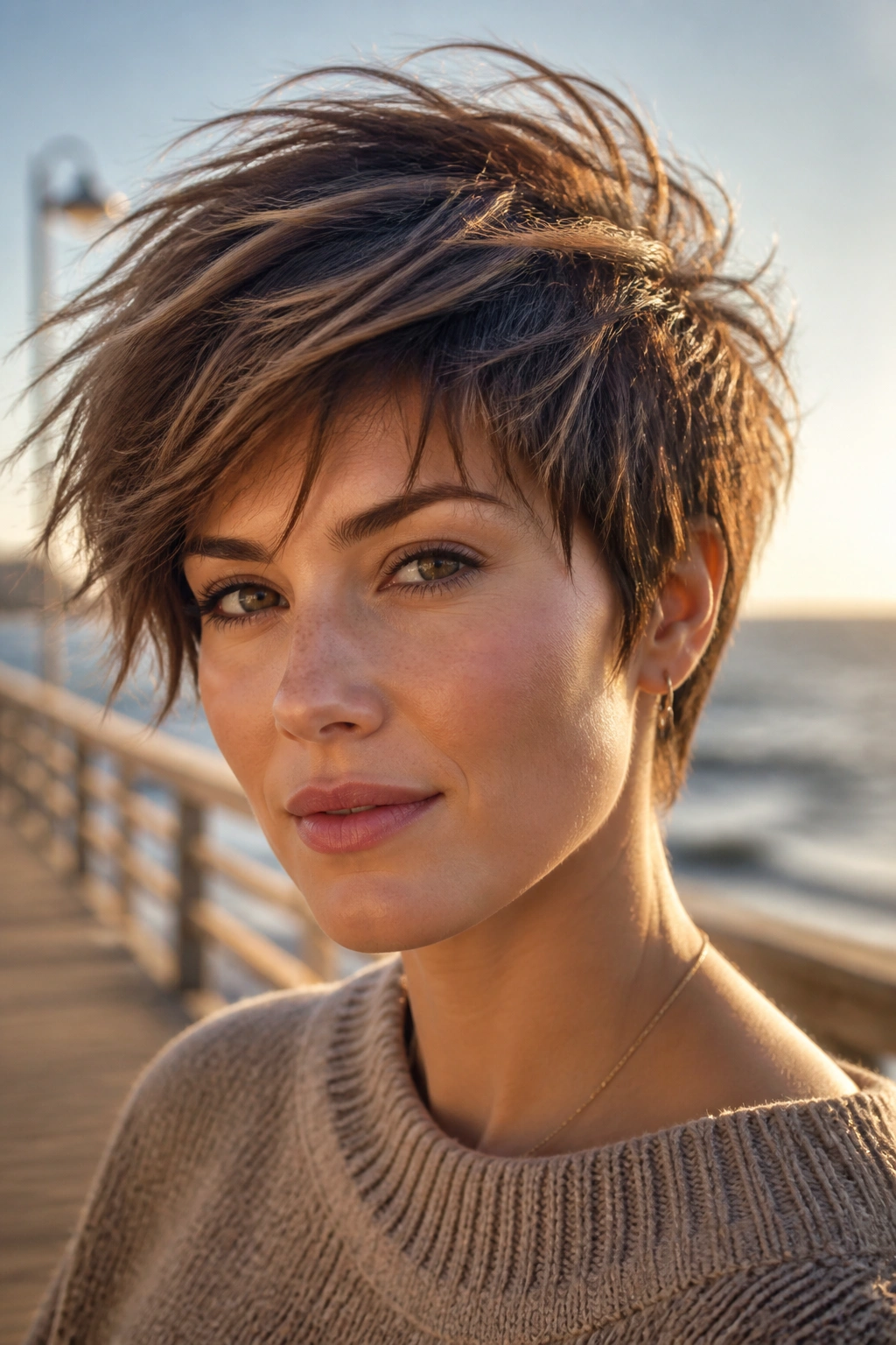 Close-up portrait of a real woman with tousled long pixie and piecey texture at the beach