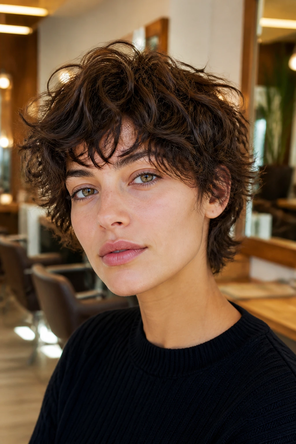 Portrait of a real person with a tousled shag crop hairstyle in a sunlit salon