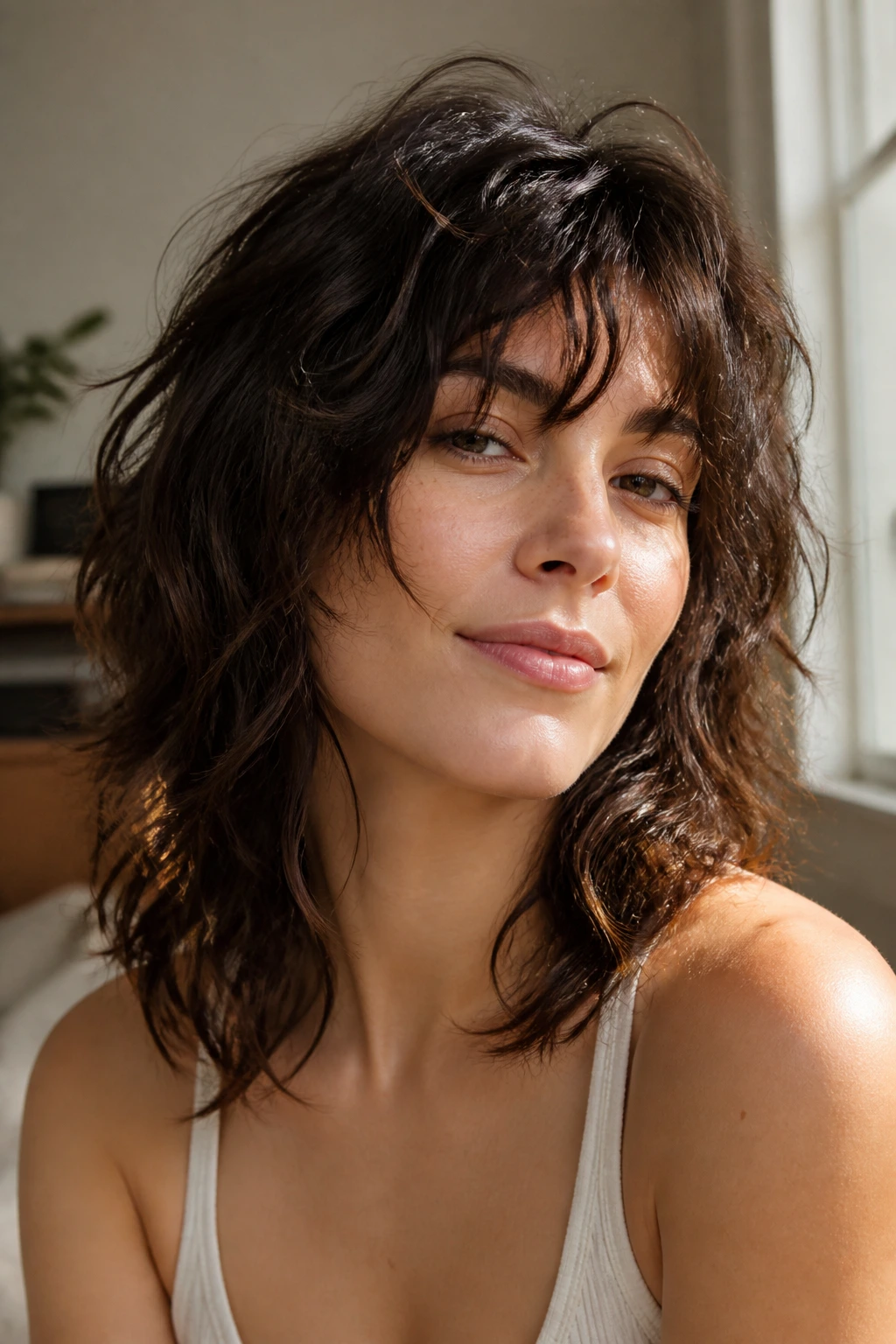 Real woman with tousled shag and natural waves.