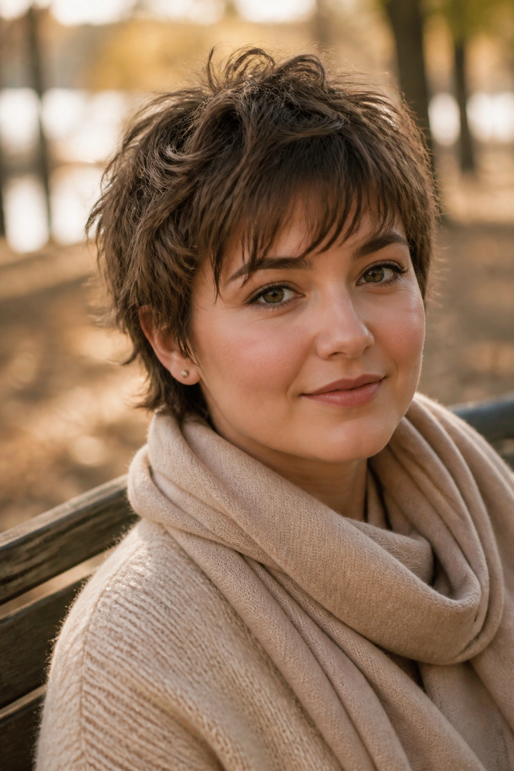 Close-up portrait of a real person with a tousled shag pixie crop