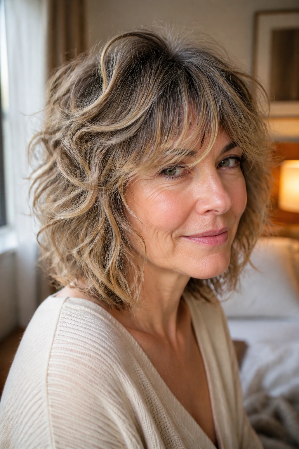 Close-up portrait of a real woman with a tousled shag and natural waves in warm window light