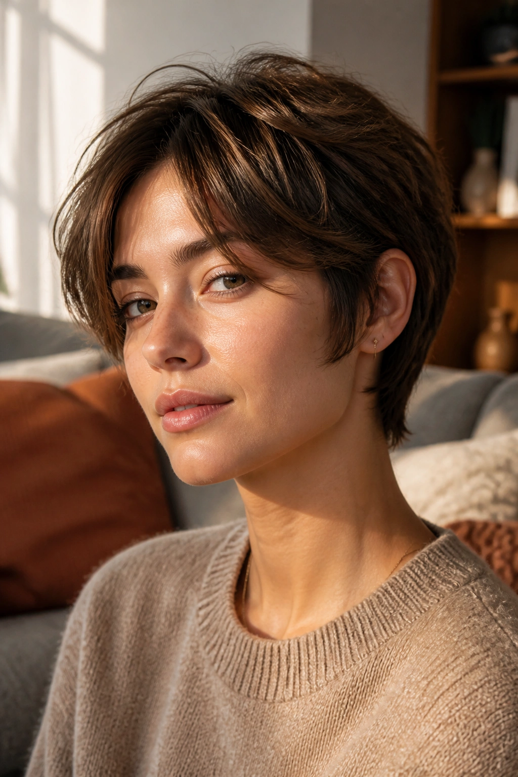 Close-up of a person with tousled short cut and blended sideburn curtains