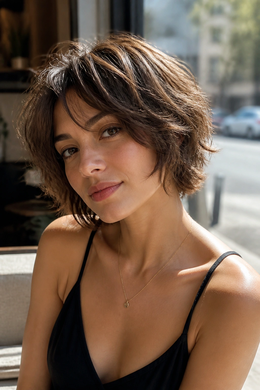 Close-up portrait of real person with tousled short layered bob in sunlit cafe