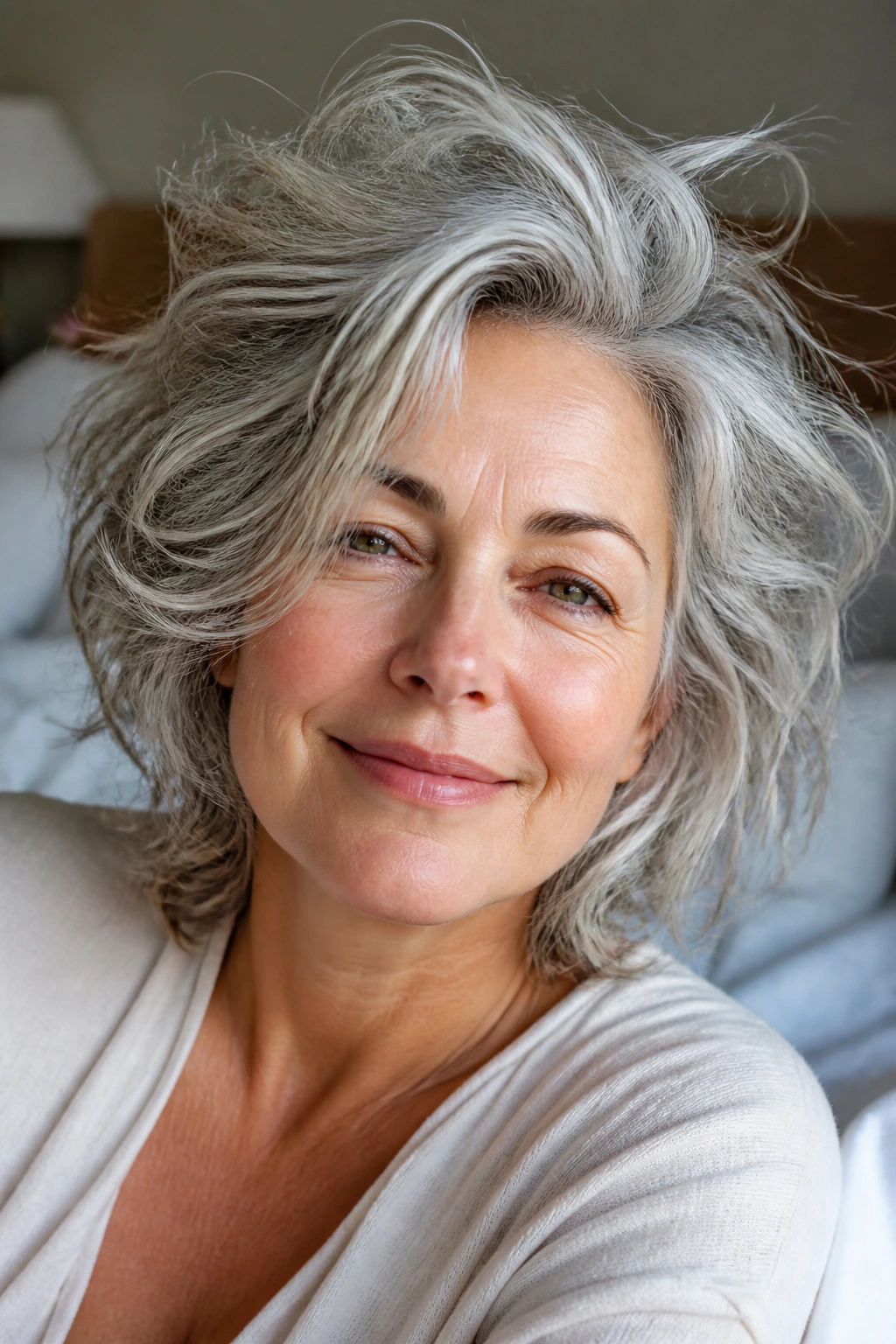 Close-up of a real woman with tousled silver bedhead