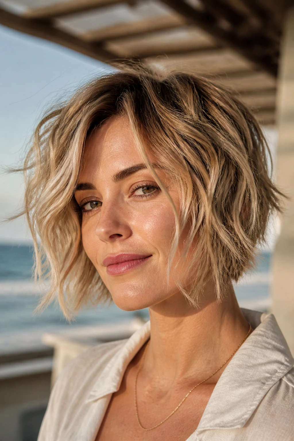 Close-up of a real woman with a tousled stacked bob featuring beach texture in warm outdoor light