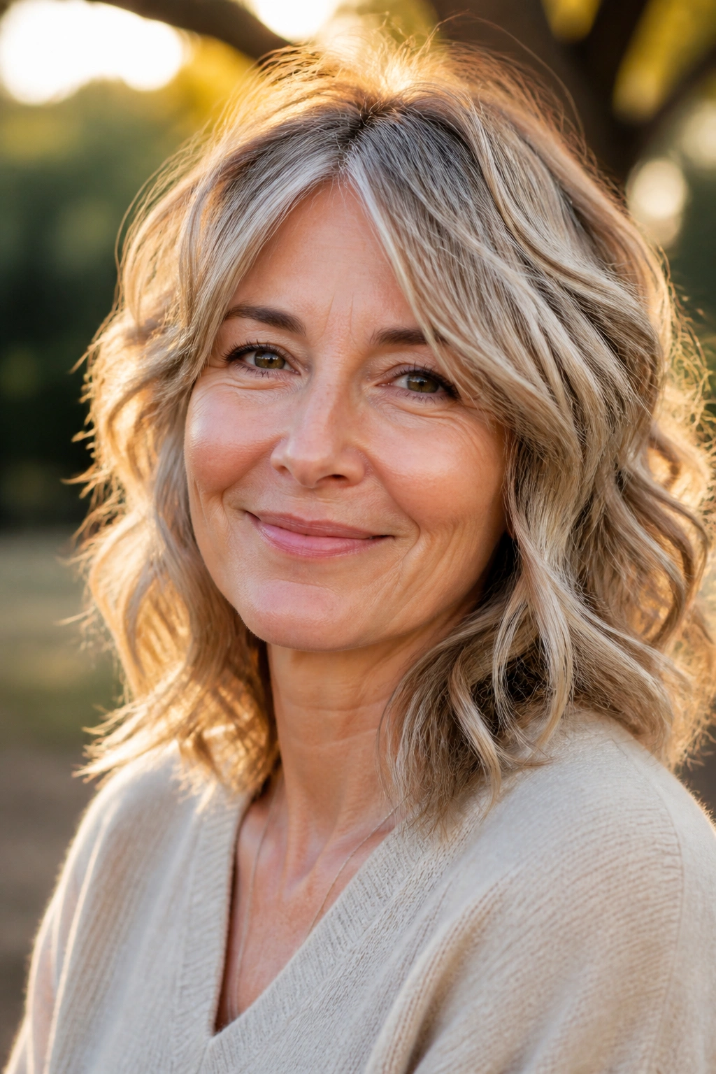 Real woman in her 50s with tousled waves and razored ends outdoors at golden hour