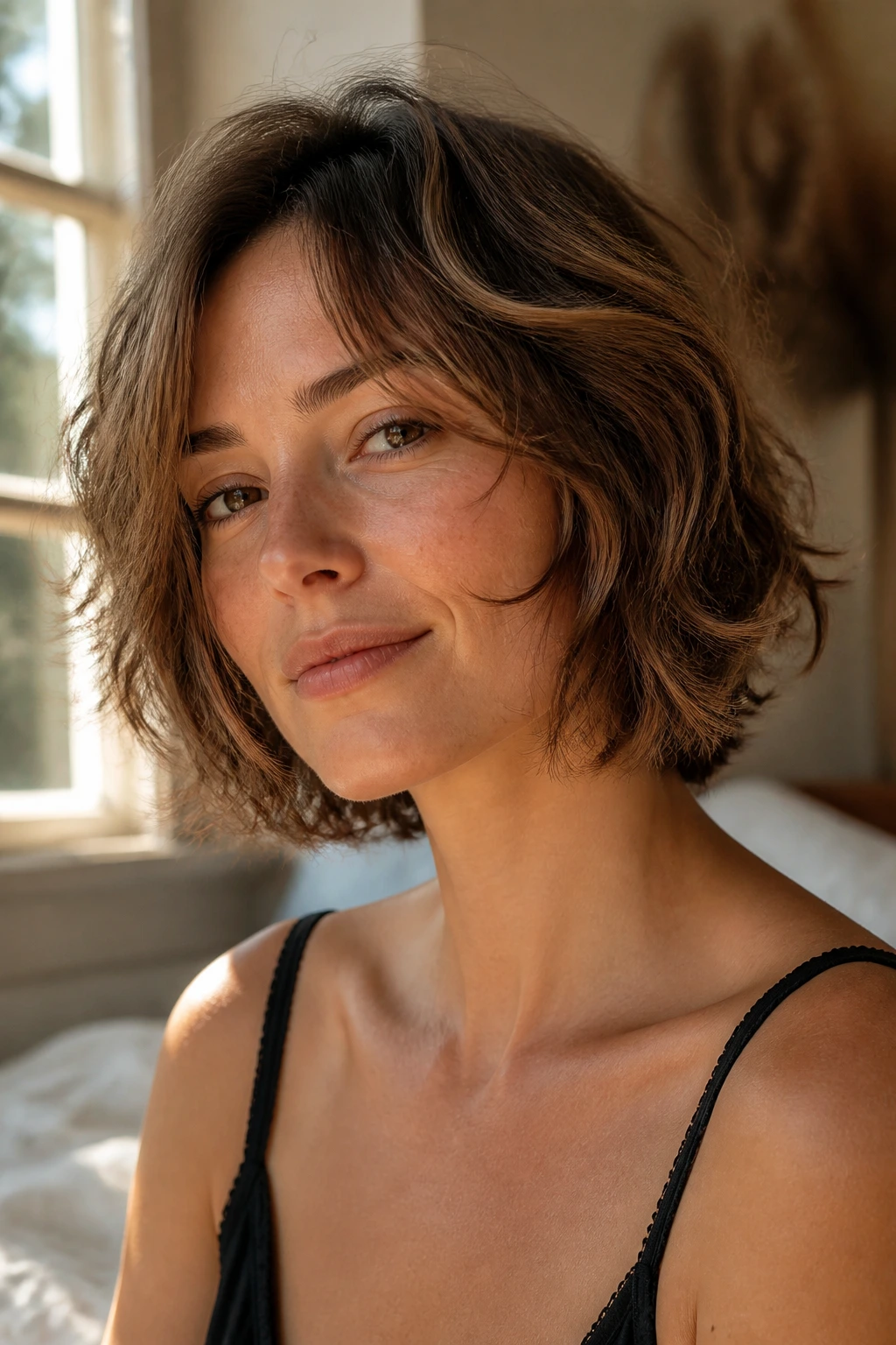 Close-up of a real woman with a tousled wavy bob in sunlit bedroom