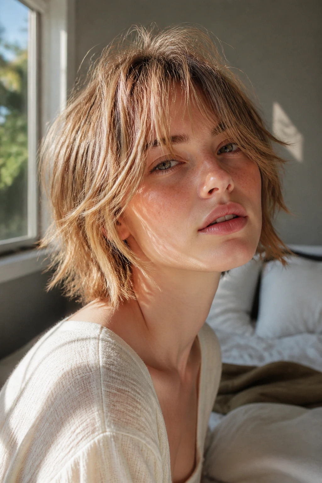 Close-up portrait of a real person with tousled wolf cut for fine hair
