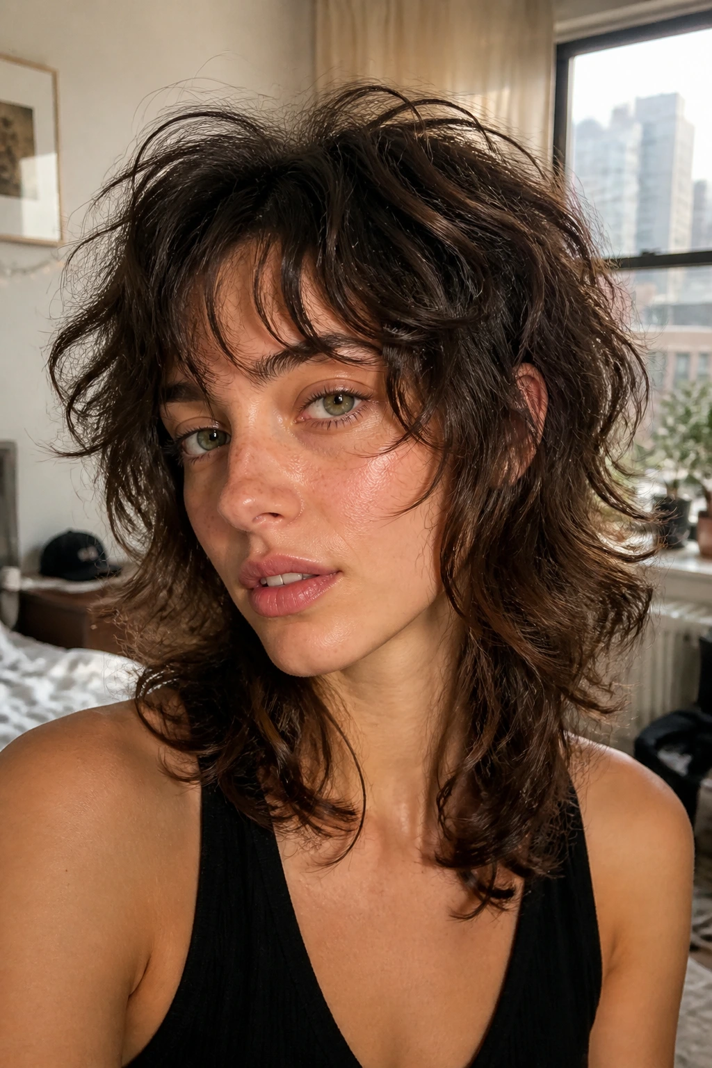 Close-up of a real woman with a tousled rocker wolf cut, highlighted texture and crown lift in warm window light