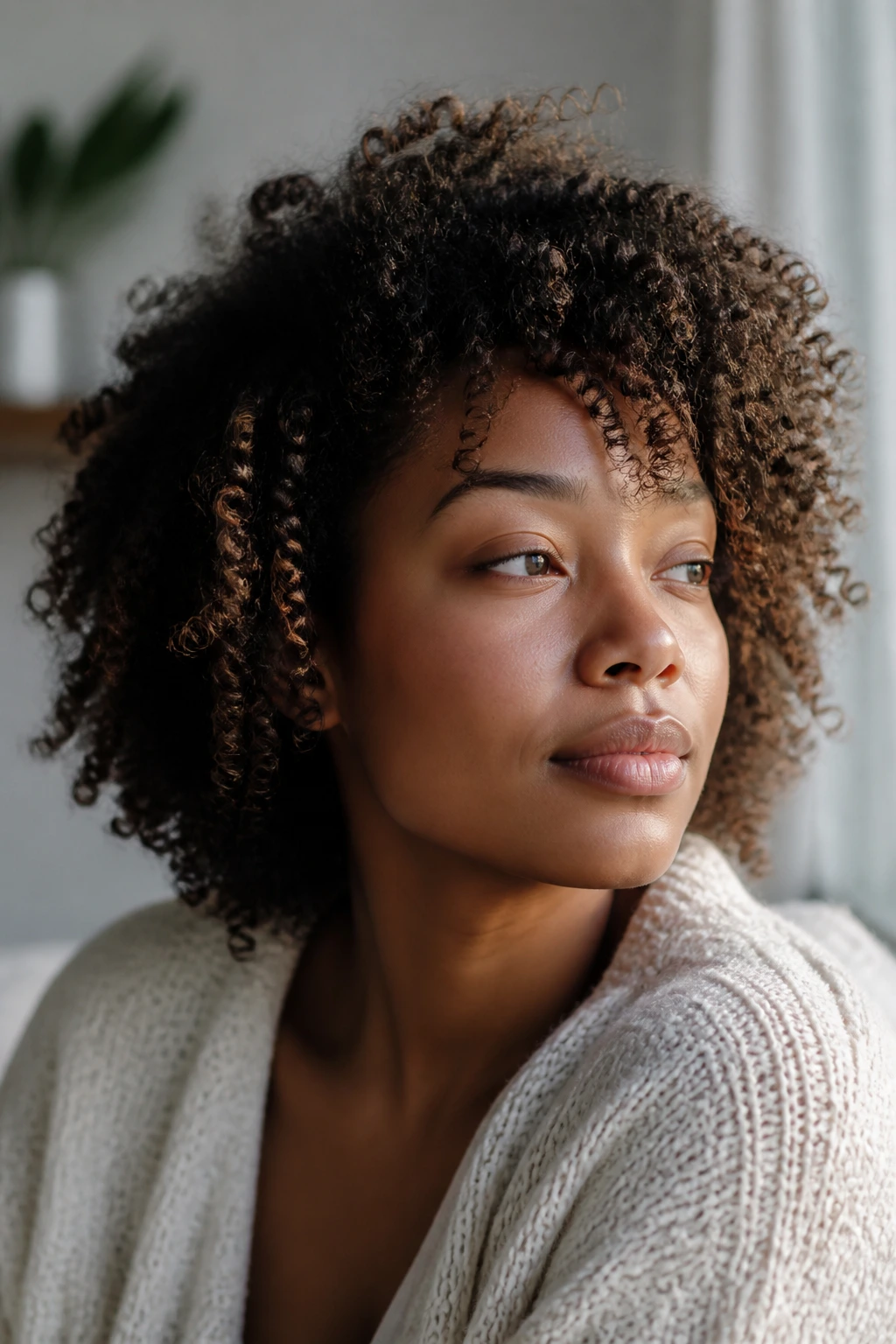 Portrait of a woman with transitioning curls in soft window light