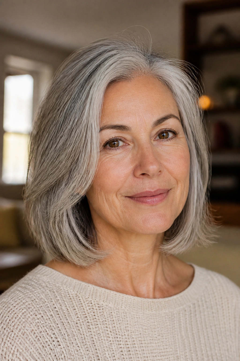 Close-up portrait of a real woman with a transitional grow-out bob and gray hair in natural light