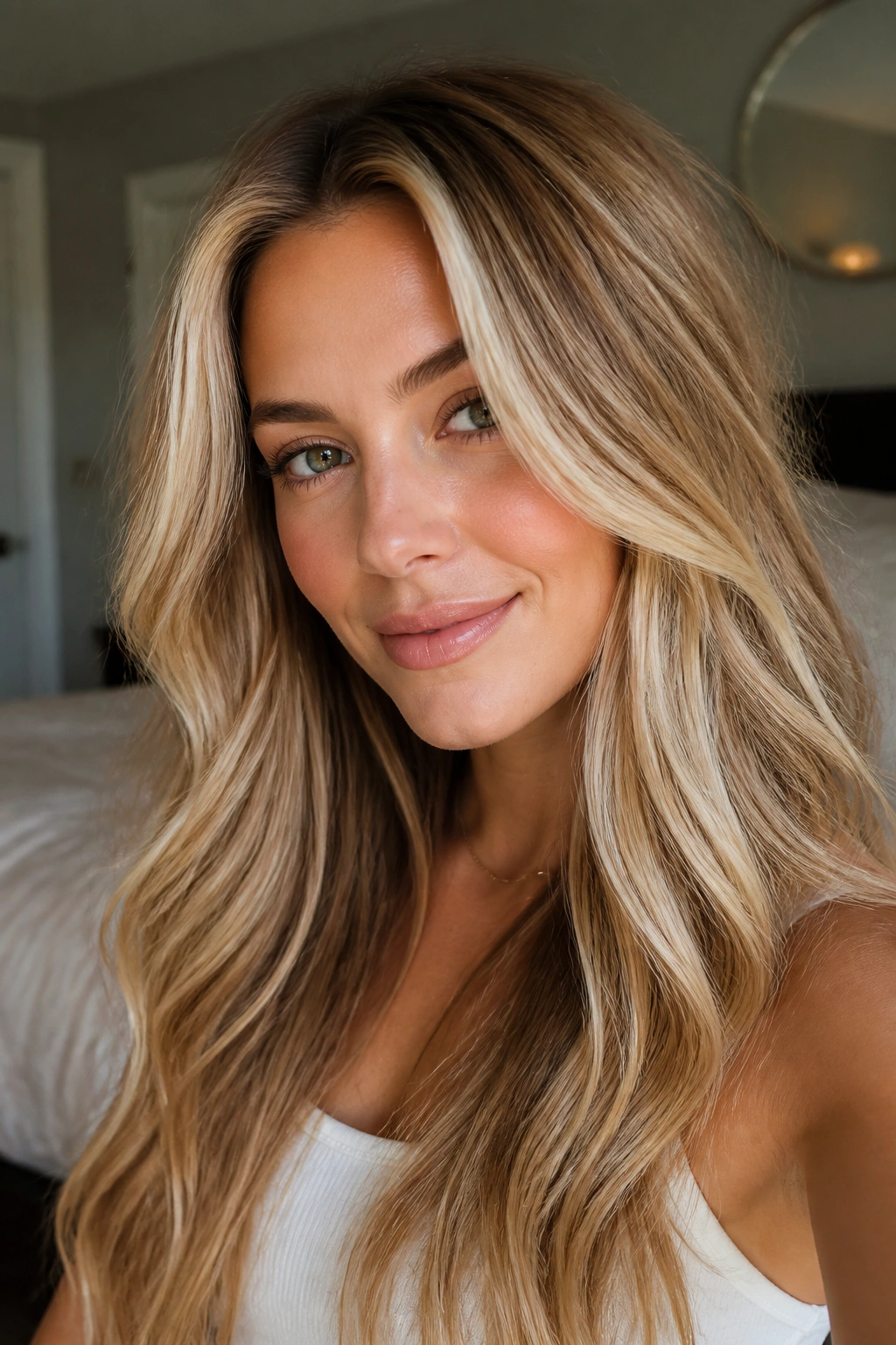 Close-up portrait of a real woman with honey blonde, buttercream, and champagne ribbon highlights