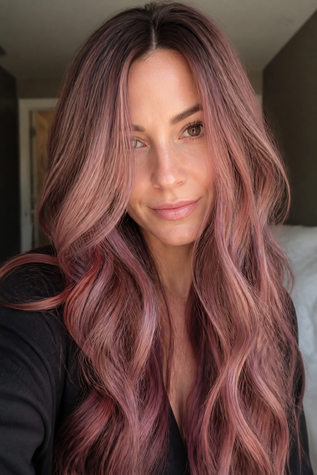 Close-up of long hair with rose brown mauve and dusty plum streaks on a real person