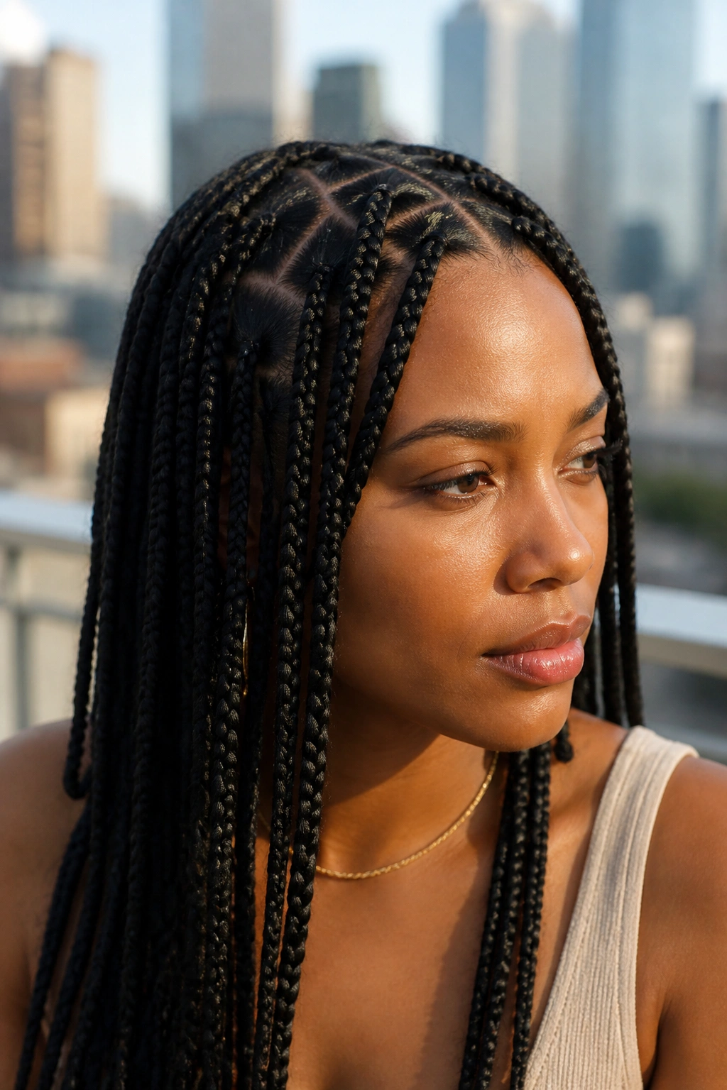 Portrait of a real woman with medium triangle box braids and triangle parting