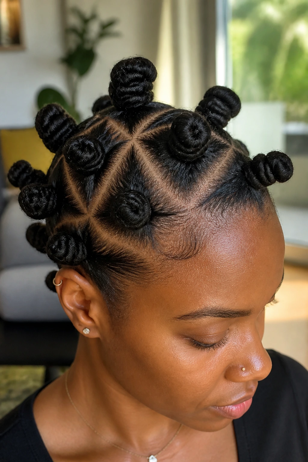 Close-up of triangle-part Bantu knots on a real person's head