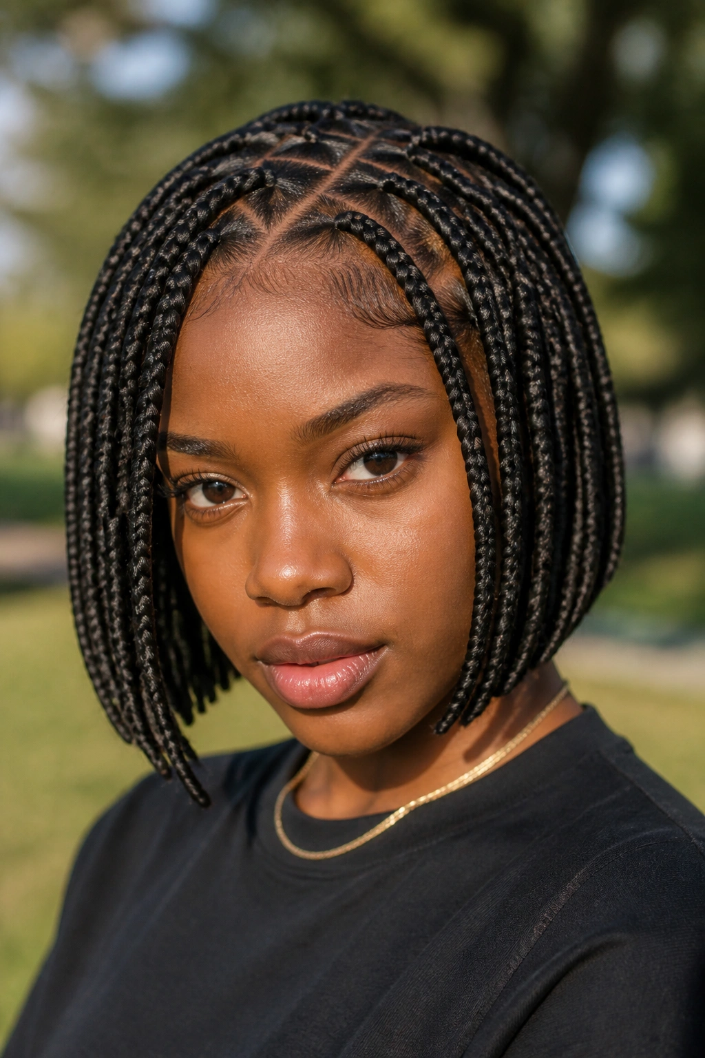 Close-up portrait of a woman with triangle-part bob braids in a park setting