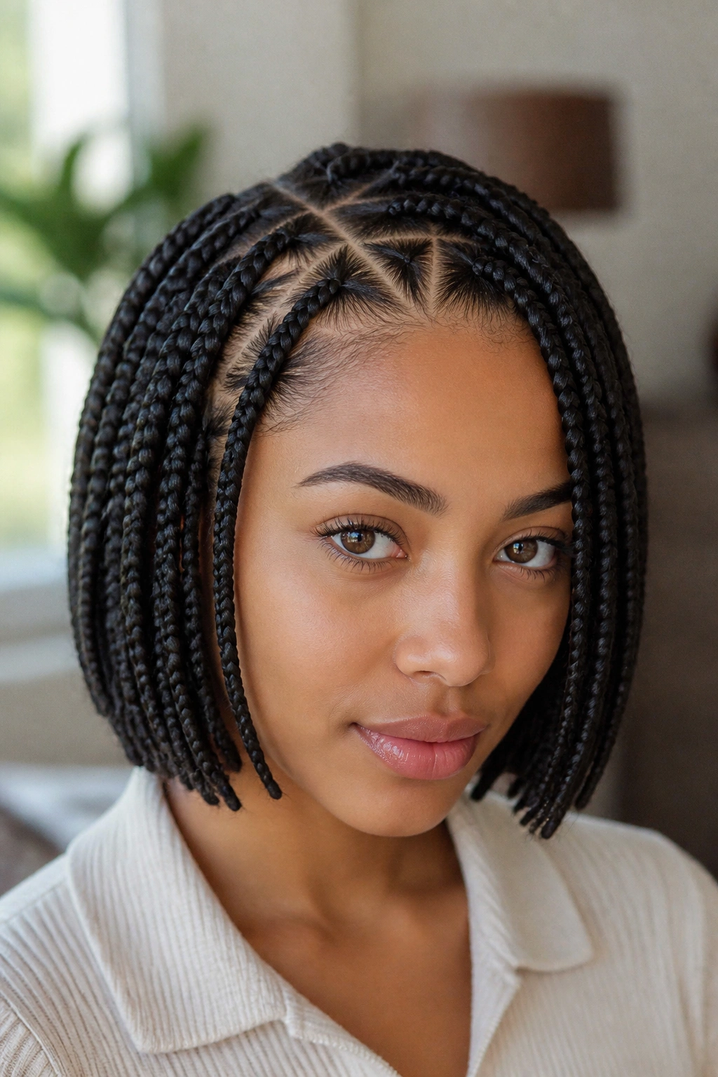 Close-up portrait of a real woman with triangle-part box braids showing triangular scalp parts in natural light.