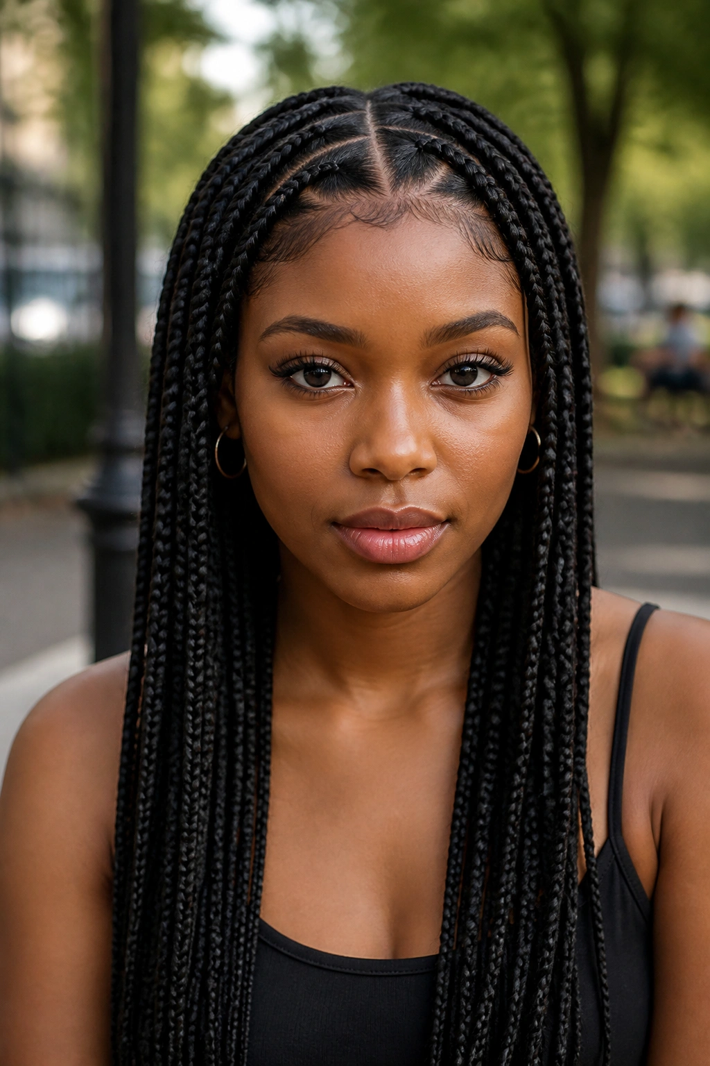 Close-up portrait of a real person with triangle-part box braids