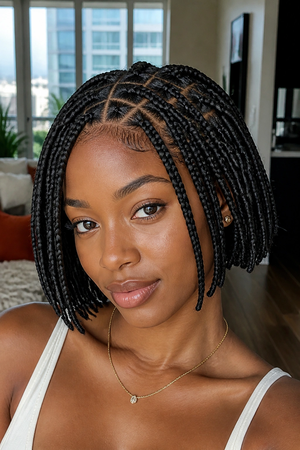 Close-up of a real Black woman with triangle part box braid bob