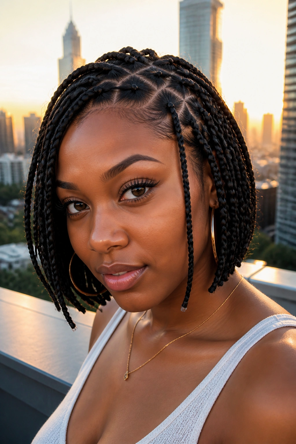 Close-up of triangle-part short box braids on a real woman