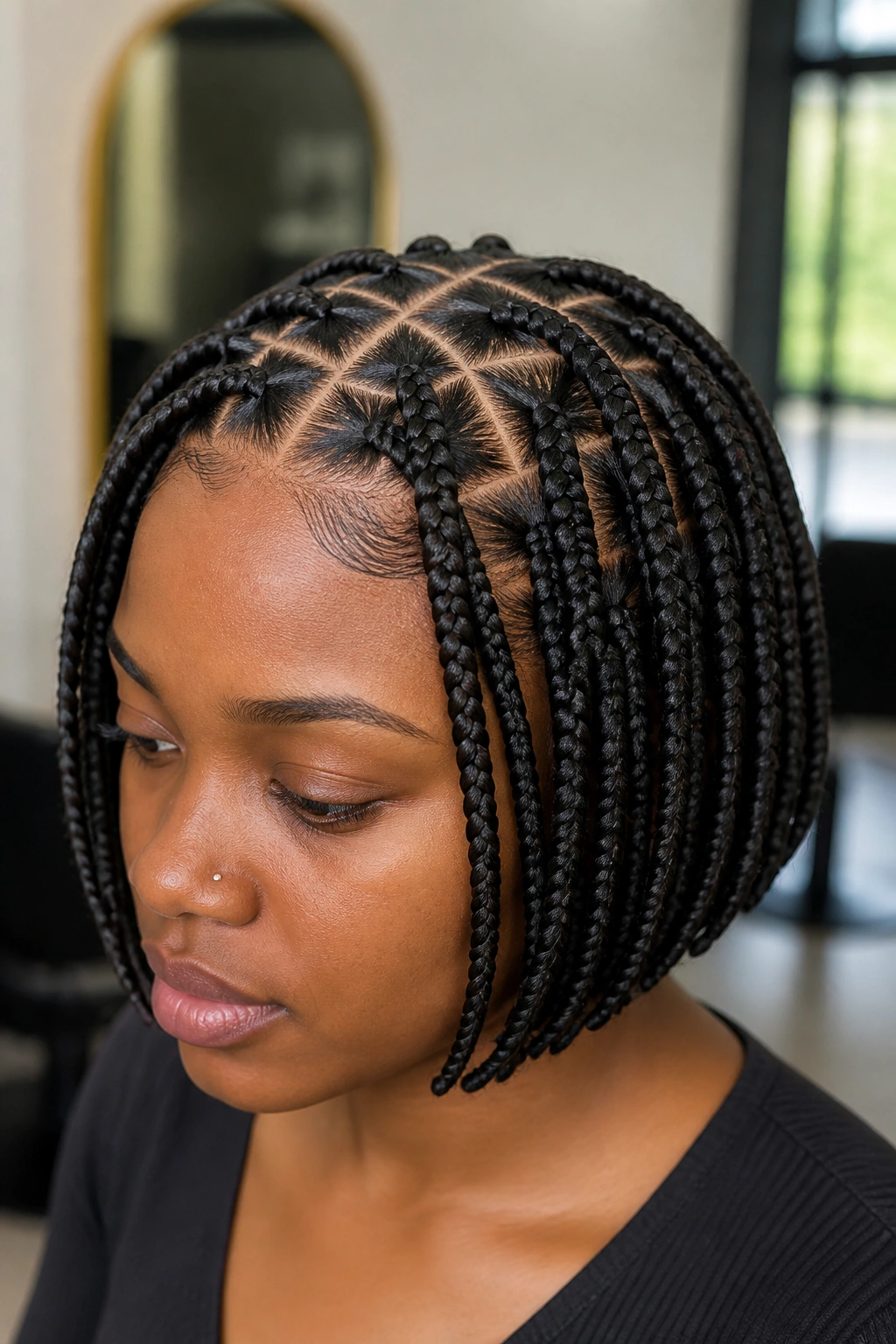 Real woman with triangle-part short box braids at bob length, visible scalp parts