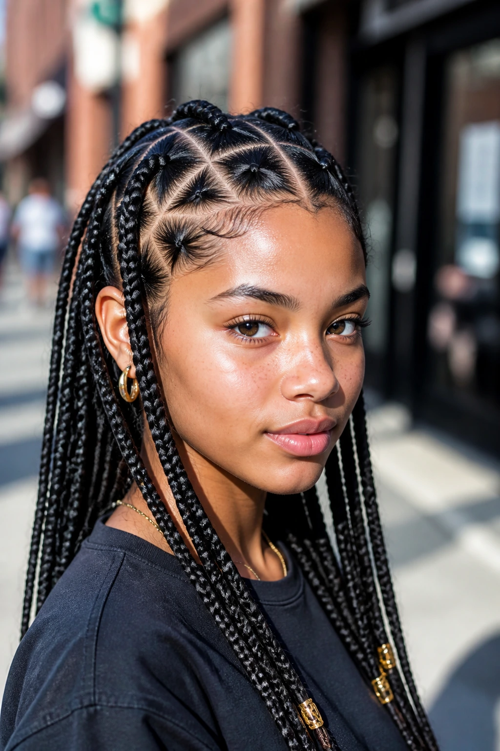 Teen girl triangle-part braids close-up with crisp triangular part lines