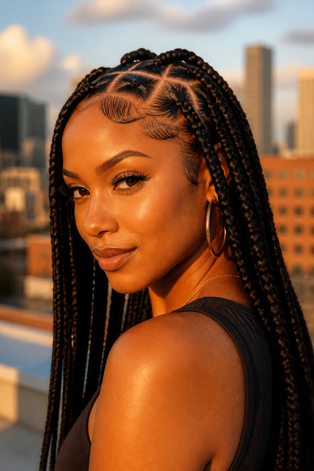 Close-up of a real Black woman with triangle-part braids.