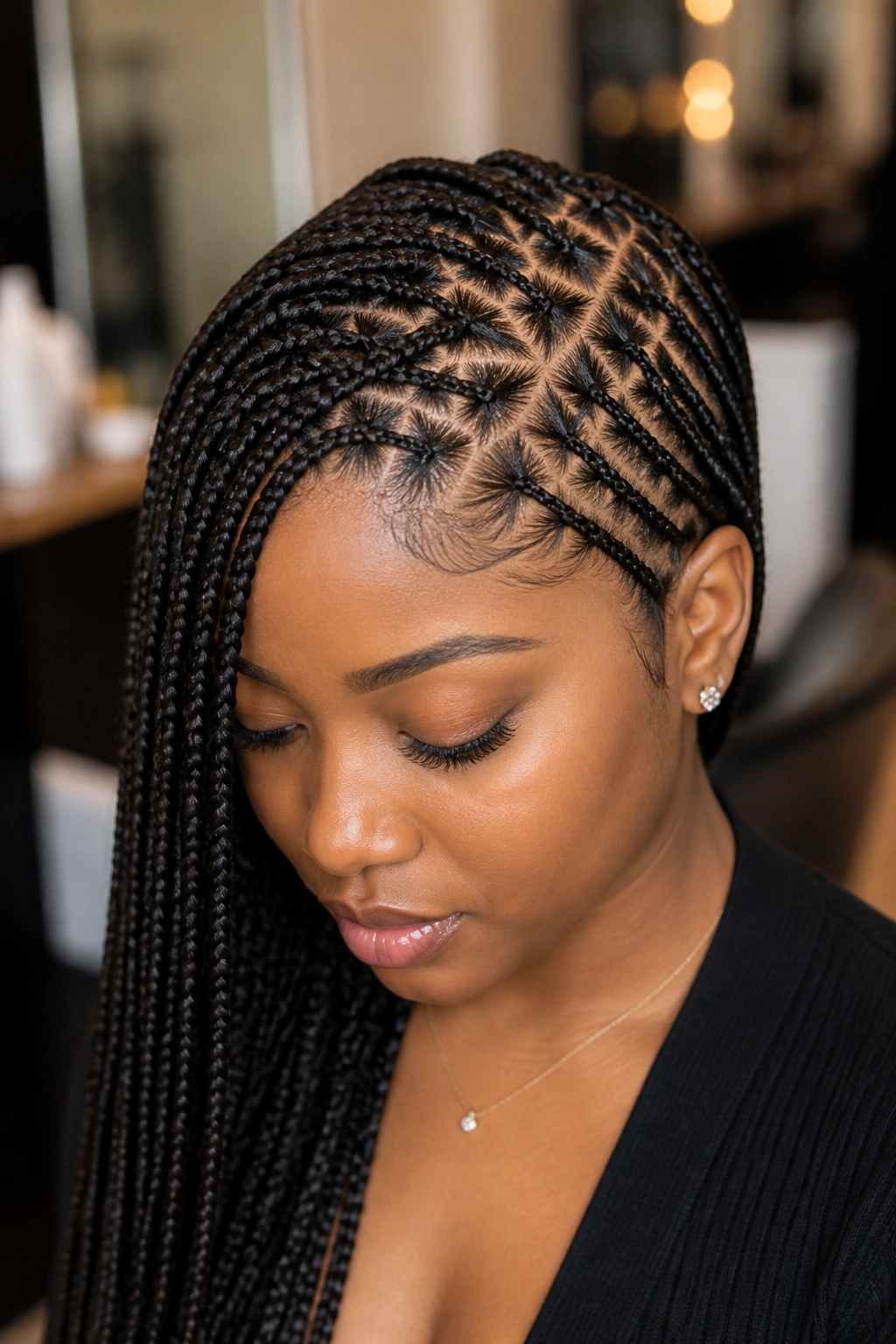 Black woman with triangle-part lemonade braids in a salon-like setting