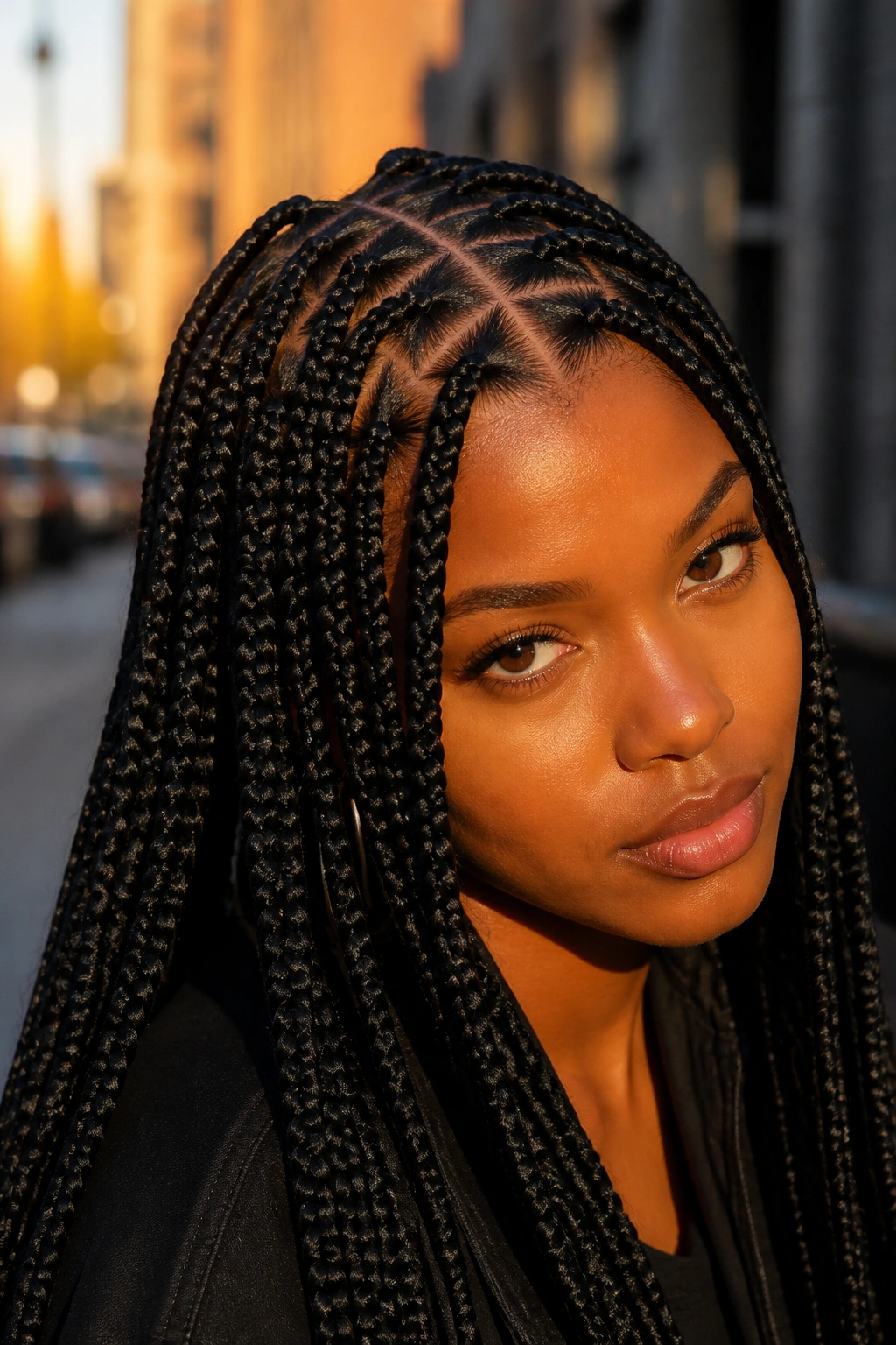 Close-up of triangle-part long box braids on a real woman