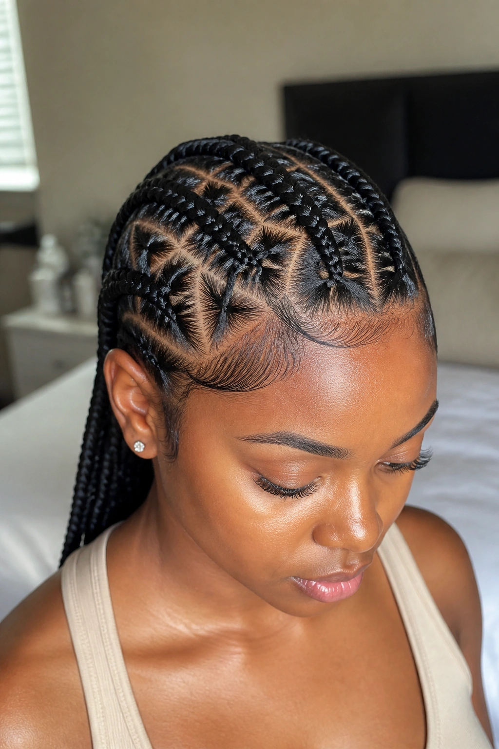 Close-up of a real woman's head showing triangle-part cornrows.