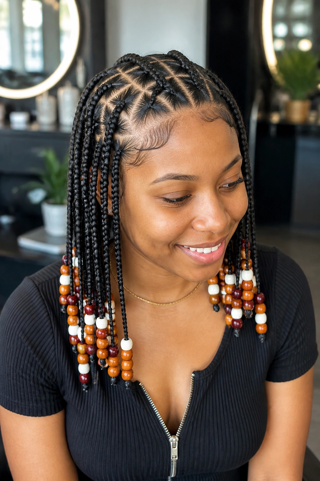 Close-up of triangle-part cornrows with color-picked beads on a real woman's head