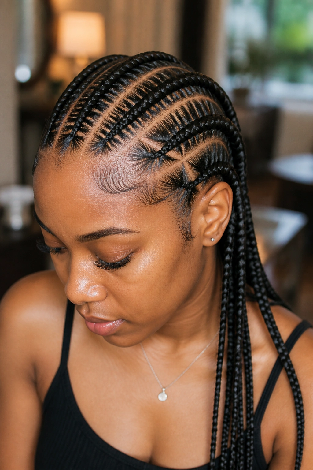 Portrait of a real person with triangle-part straight back cornrows.