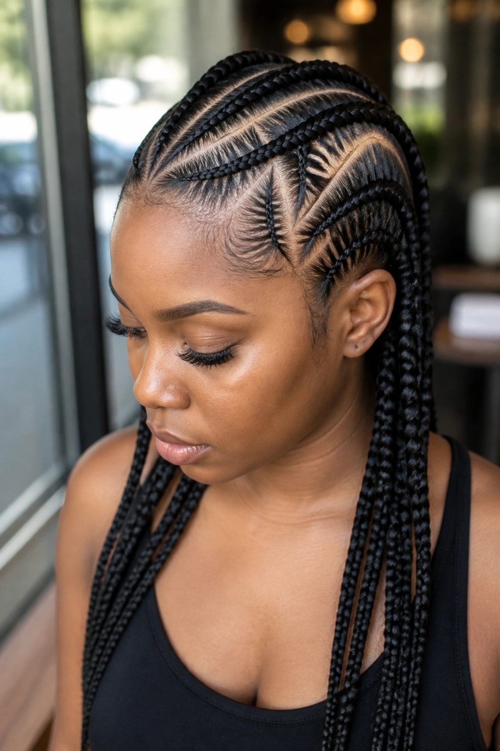 Real woman with triangle-part feed-in braids, close-up head-and-shoulders.