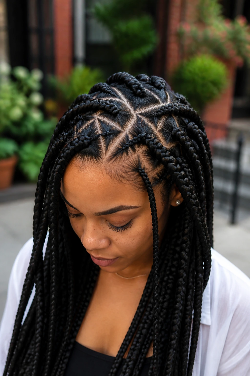 Close-up of triangle-part Ghana braids with mixed sizes on a real woman