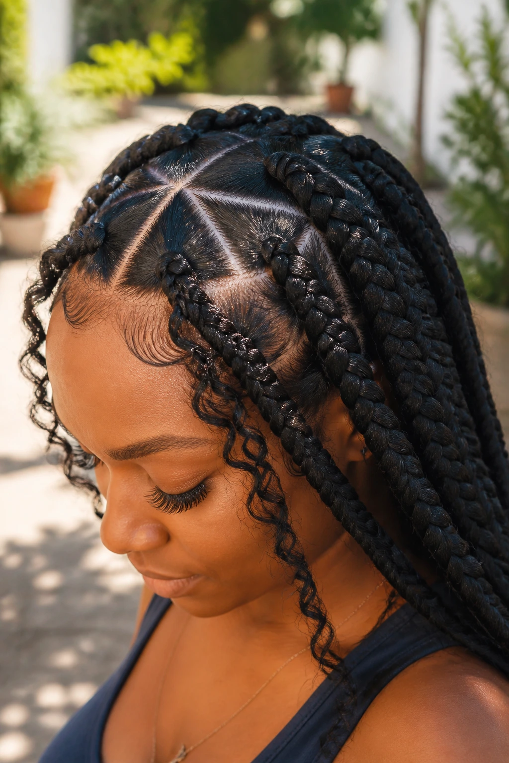 Close-up of triangle-part goddess braids on a real person
