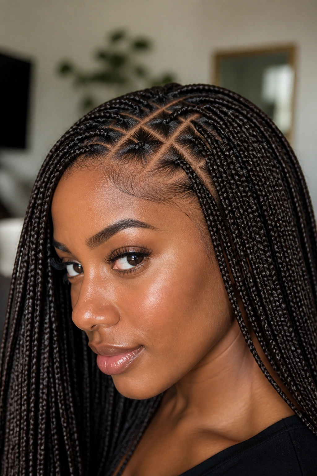 Portrait of a real person with triangle-part micro braids and clean geometric parts.