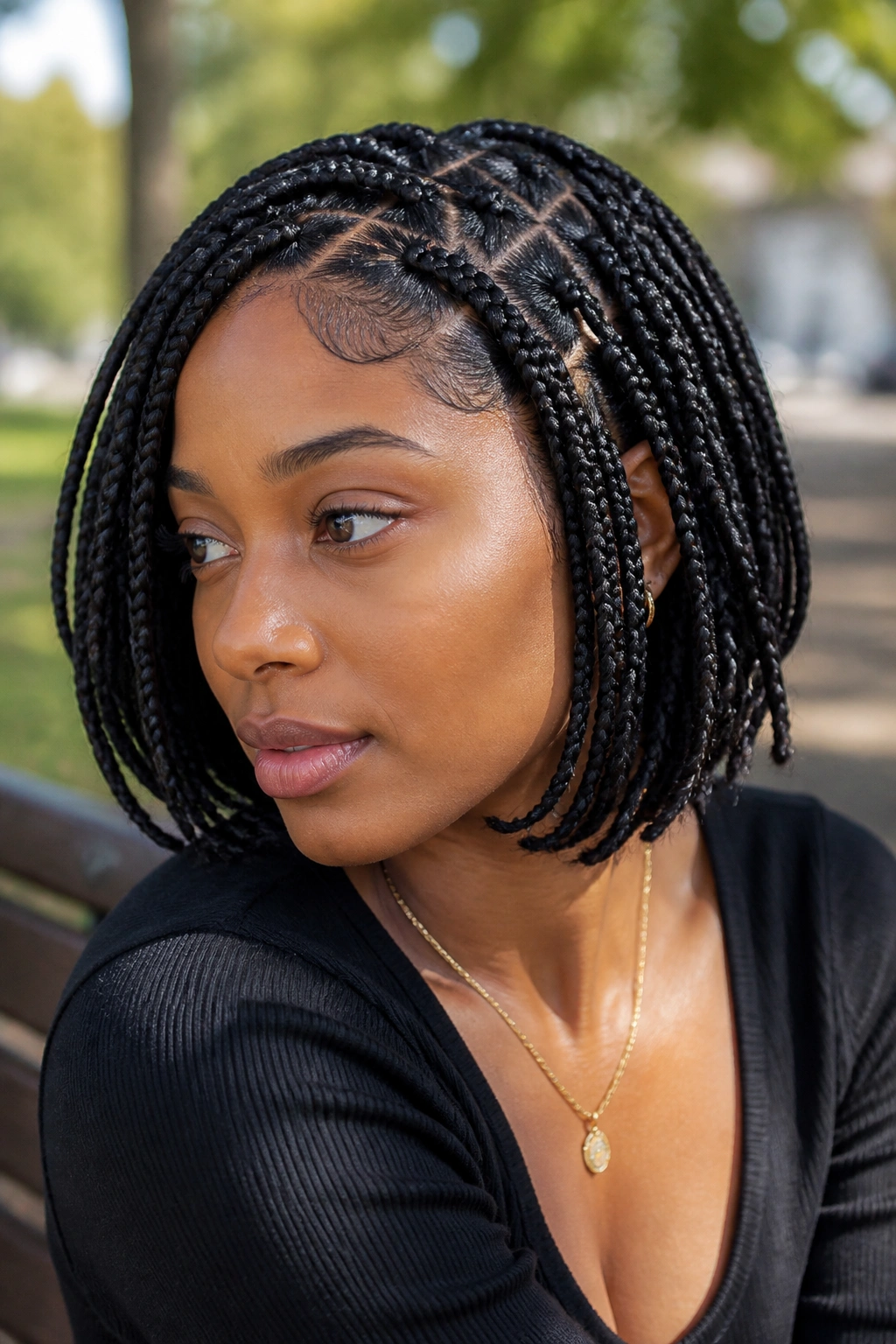 Real woman with triangle-part mini box braids showing diagonal scalp parts