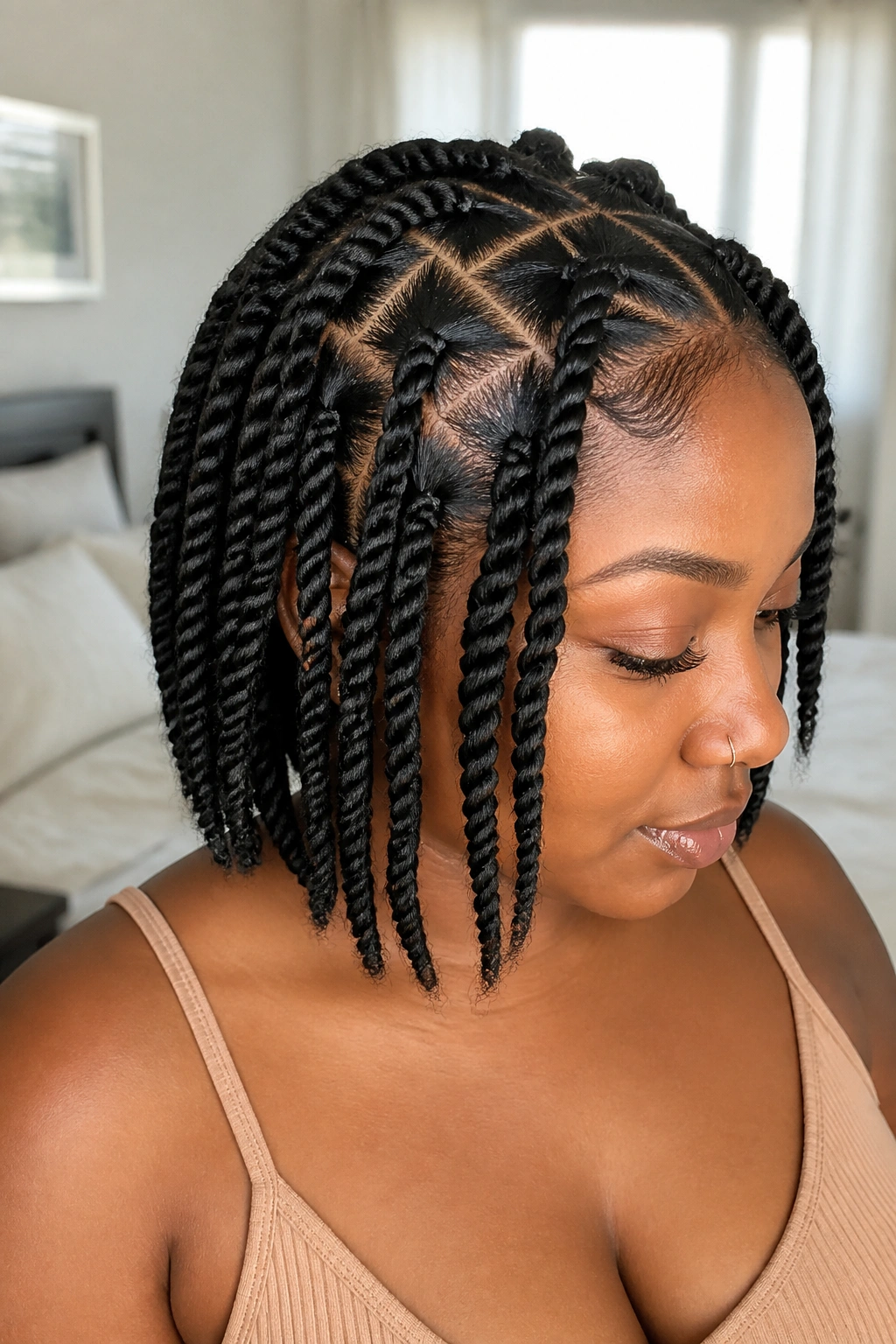 Close-up of a real woman with triangular-part twists highlighting scalp geometry