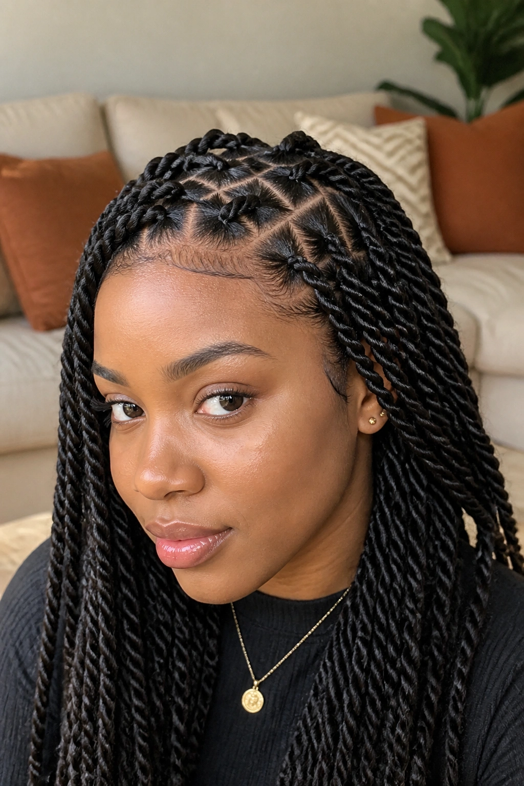 Close-up of a real Black woman with triangle-part two-strand twists and triangular scalp parts