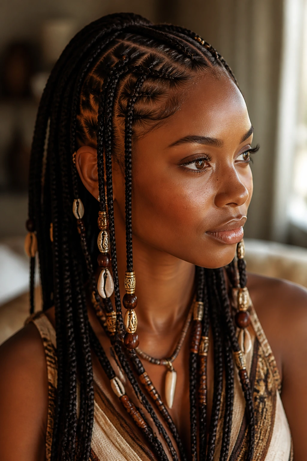 Head-and-shoulders portrait of a woman with tribal braids and beads