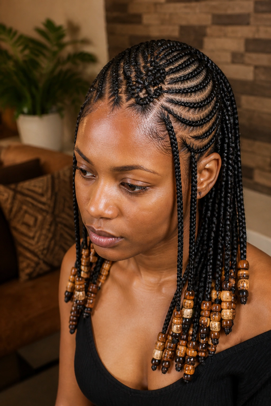 Close-up portrait of tribal braids with beads on a real Black woman