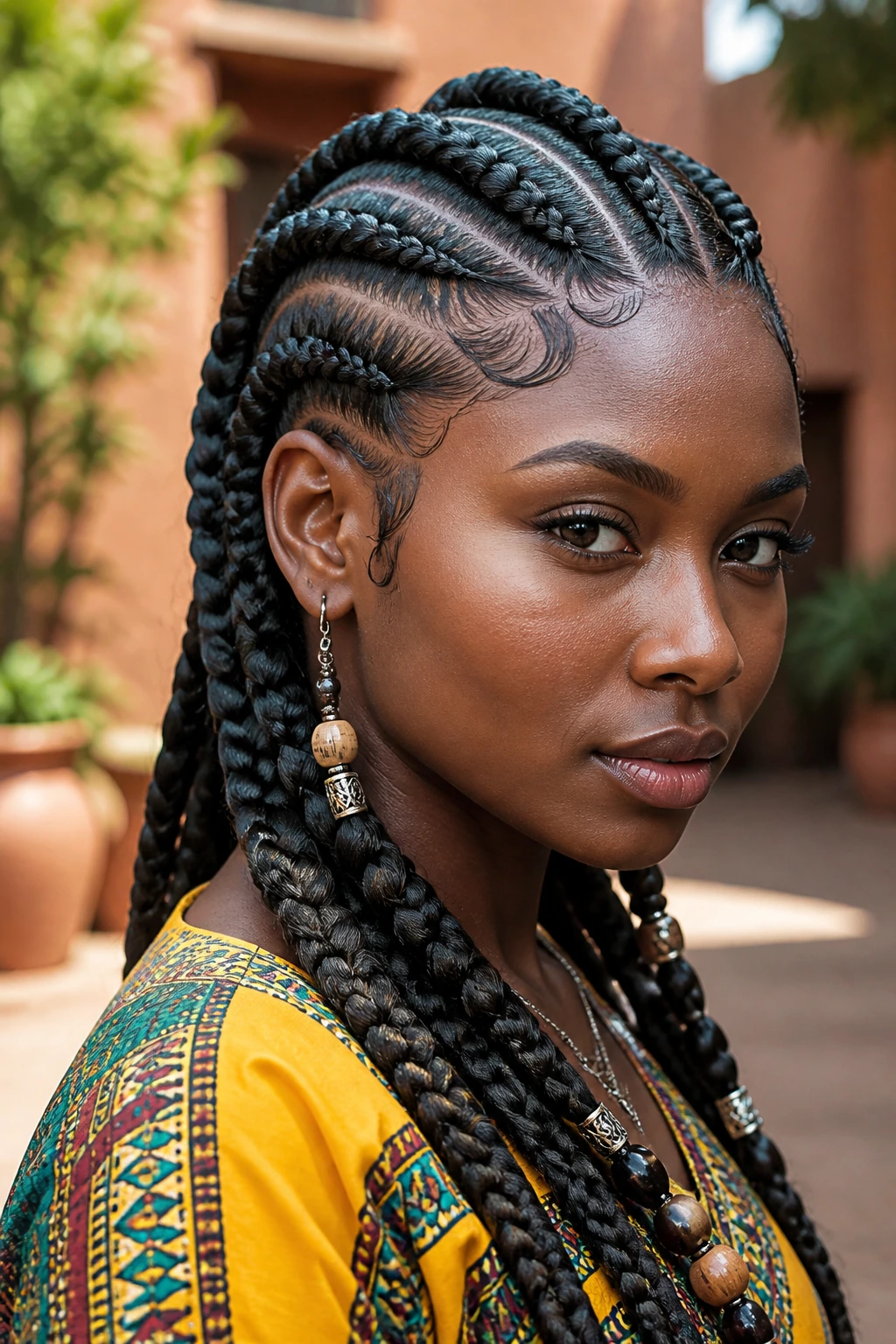 Real person with chunky tribal braids showing bold pattern.