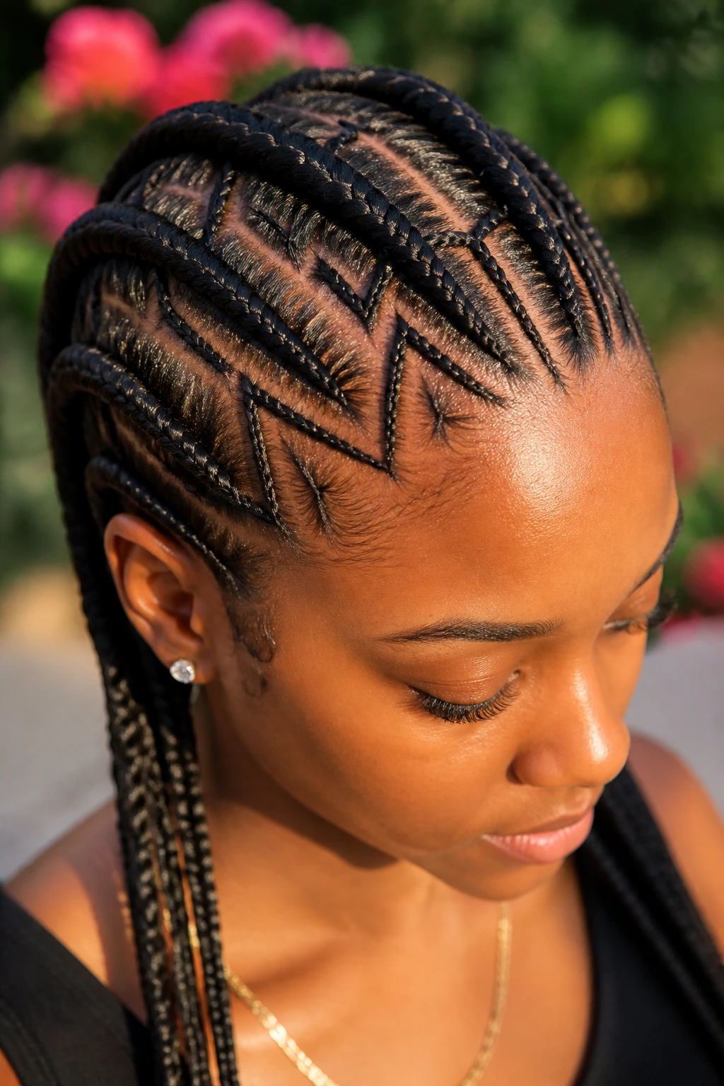 Close-up of a woman with tribal braids showing geometric patterns